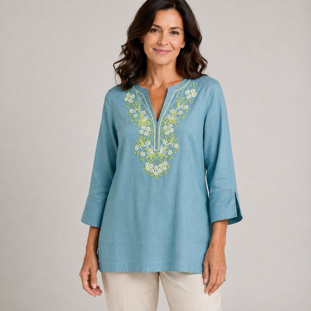 NEW Soft Surroundings Beaded Tunic Medium Aqua Sateen Silk Blend 3/4 Sleeve